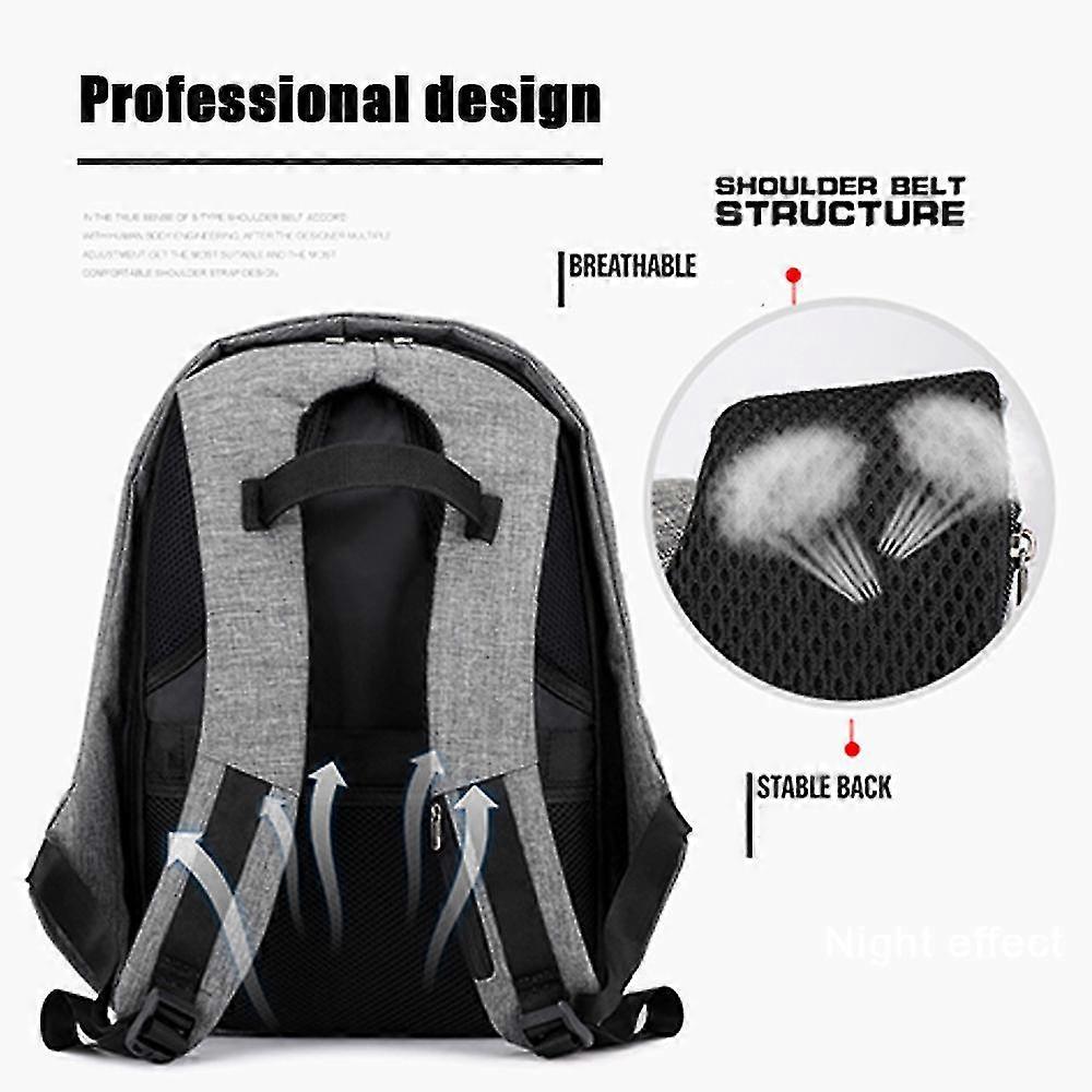 Rucsac laptop/ghiozdan textil, anti-furt, usor, cu port de incarcare USB si compartiment intern pentru laptop, gri