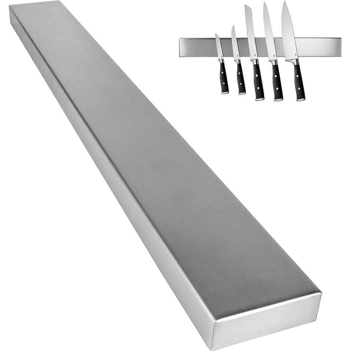 Mágneses késtartó öntapadós rögzítéssel, rozsdamentes acél, 30cm, ezüst