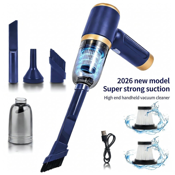 Aspirator de mana/portabil FullBlueSet, 2-in-1 (suctiune si suflare), reincarcabil USB cu filtru lavabil, Albastru, 1 buc