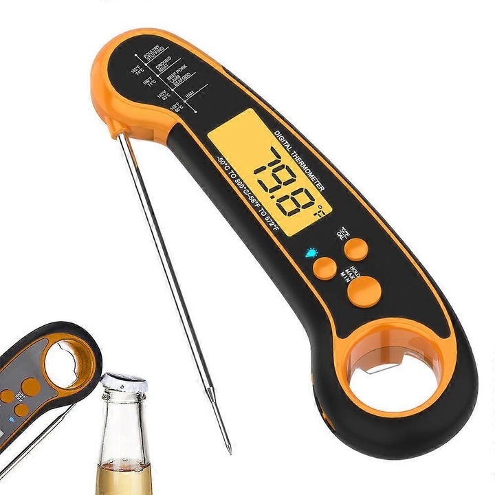 Termometru digital pentru alimente (instant), cu sonda pliabila, citire rapida 2-3s, gama -50°C -300°C, acuratete ±1°C, deschizator sticle integrat, negru/orange, 1 buc