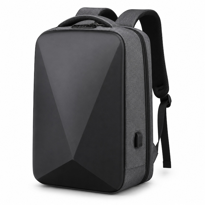 Rucsac business antifurt pentru laptop, inchidere cu cifru, port USB, capacitate 15L, 42 x 30 x 14 cm, impermeabil, gri
