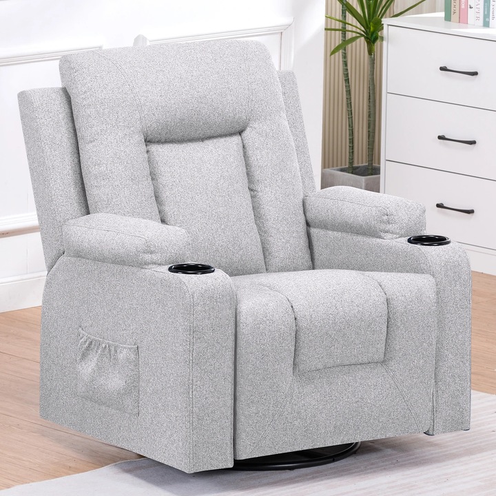 Relax fotel, Recliner nappaliba, 360°-os forgatás, Kihúzható lábtartó, Masszázs funkció, Italtartók, 2 oldalsó zseb, Maximális terhelés 150 kg, Világosszürke
