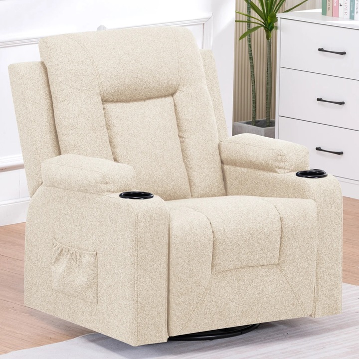 Szövet fotel, Recliner nappaliba, Állítható háttámla, Masszázs funkció, Kihúzható lábtartó, 360°-os forgatás, Pohártartók, 2 oldalsó zseb, Bézs