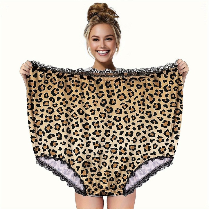Chiloti supradimensionati din poliester, cu dantela la talie si tiv, imprimeu leopard, Unisex, Marime unica