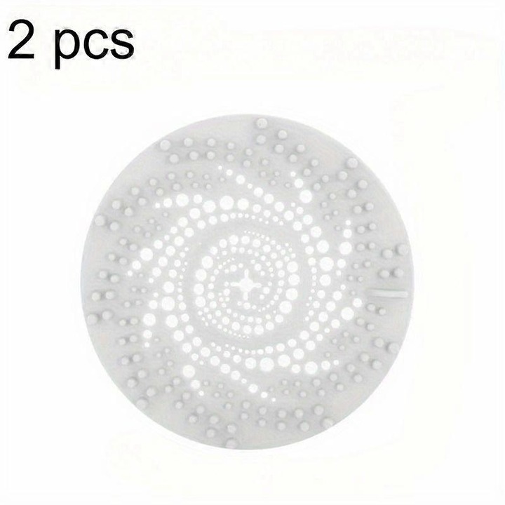 Filtru pentru scurgere din silicon, capcana pentru par reutilizabila, rezistent la temperaturi pana la 230°C, cu perforatii si model spiralat pentru captare par, alb, 2 bucati