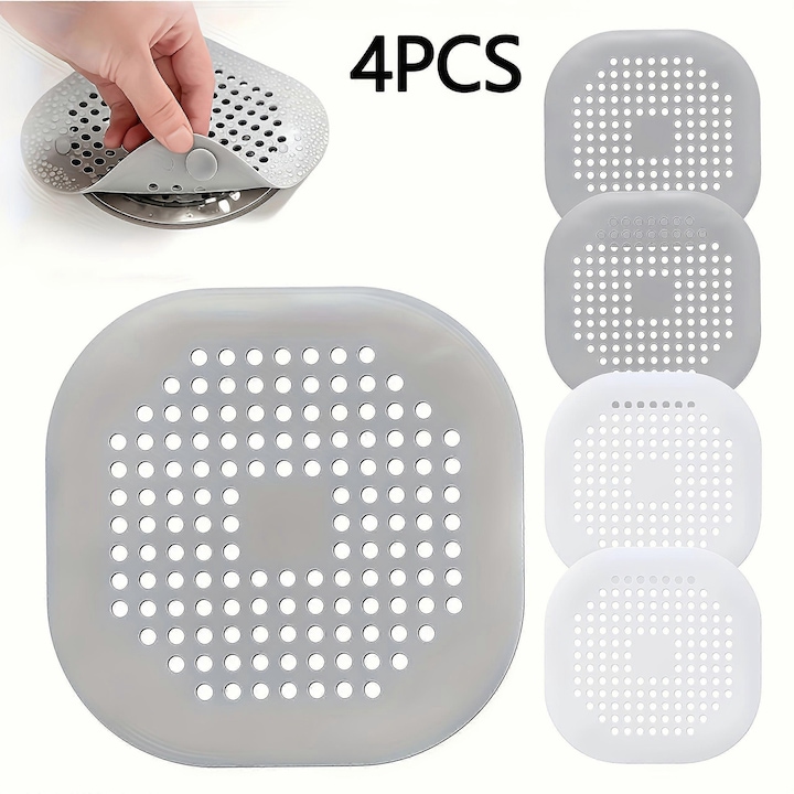 Set 4 bucati, sita/filtru pentru scurgere din silicon flexibil, anti-blocare, cu gauri fine, forma patrata, gri/alb