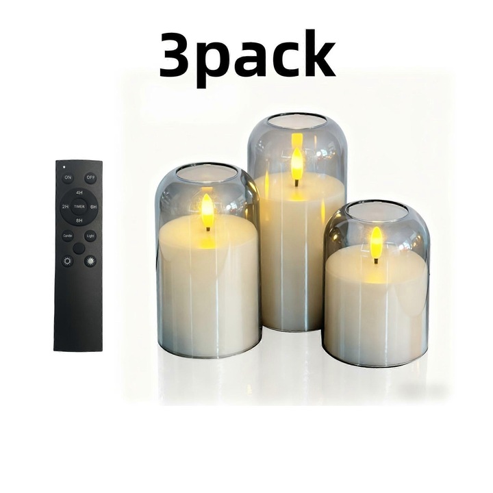 Set 3 lumanari LED fara flacara, telecomanda, reglaj intensitate, alb crem, dimensiuni variate