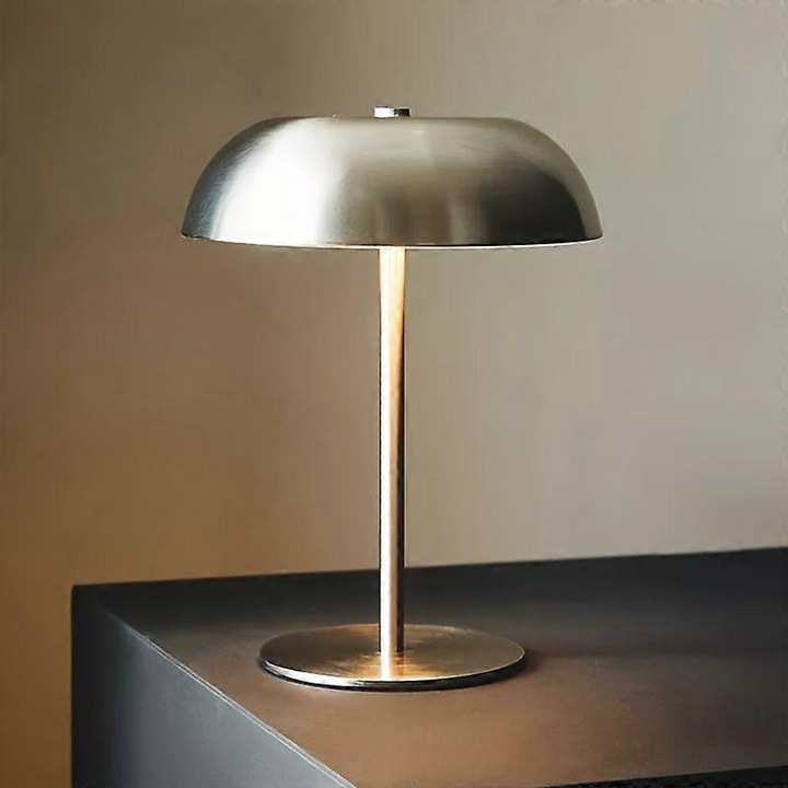 Lampa de birou, lampa de masa reincarcabila, fara fir, abajur metalic periat, LED dimabil cu senzor tactil, cablu USB inclus, argintiu, 1 buc