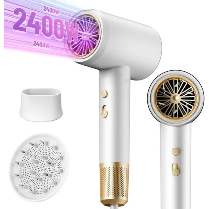 Hajszárító 2400W, ionos, 2 hőmérséklet fokozat, 3 sebesség, fekete, diffúzorral és szűkítővel