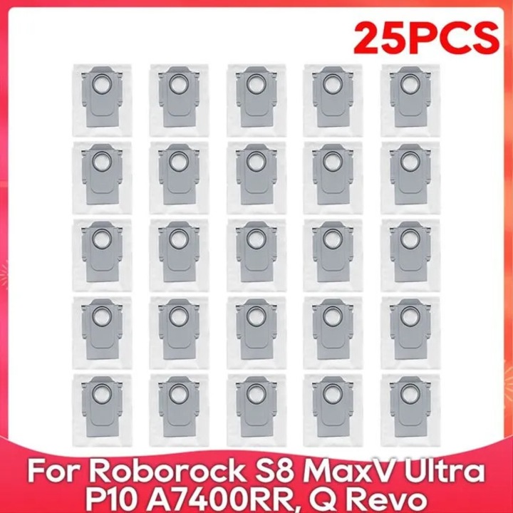 25 darabos készlet, Robotporszívó zsákok kompatibilis Roborock S8 MaxV Ultra, P10 A7400RR, Q Revo, Qrevo Pro, Qrevo MaxV, Qrevo S, Qrevo Plus modellekkel, strapabíró anyag, könnyen cserélhető, fehér/szürke