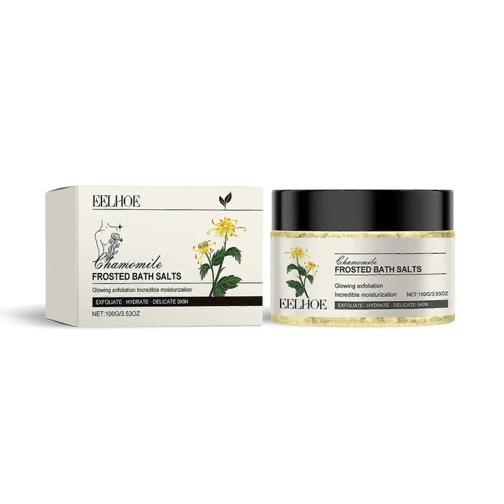 Sare de baie exfolianta Frosted cu musetel, scrub pentru corp, cu glicerina si extract de aloe vera, sare marina, galben deschis, 100 g