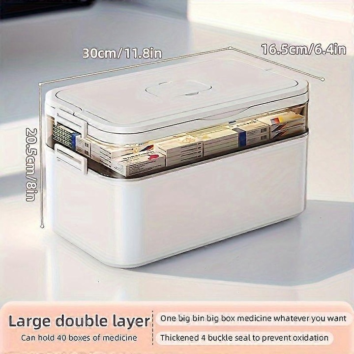 Cutie depozitare organizer cu doua straturi, capacitate pentru 40 cutii de medicamente, fereastra transparenta si maner, etansa cu 4 cleme, Alb, 30x16.5x20.5 cm
