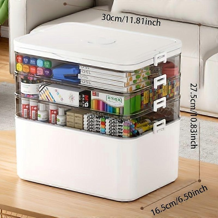 Cutie de depozitare din plastic/organizer pentru medicamente, cu fereastra transparenta, maner si inchidere etansa cu 4 cleme, alb, 30 x 27.5 x 16.5 cm, 4 straturi
