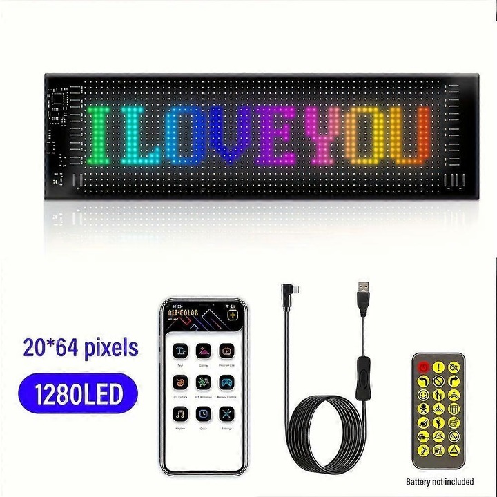 Programozható LED panel / Pixel kijelző 20x64, 1280 LED, alkalmazás és távirányító vezérlés, szöveges animációk és minták, falra vagy asztalra szerelhető, Fekete