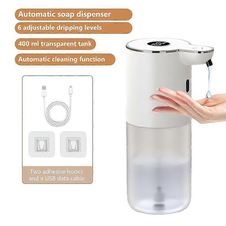 Dozator automat de sapun, dispenser touchless cu senzor infrarosu, USB reincarcabil, afisaj LCD nivel baterie, 6 trepte reglabile, functie auto-curatare, alb/transparent, 380ml