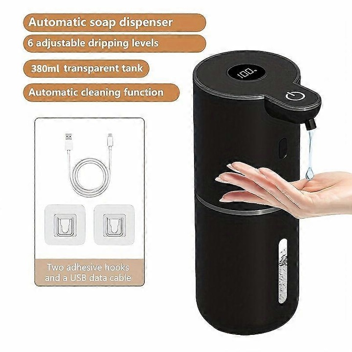 Dozator automat de sapun, dispenser fara atingere, Stil Picurare, reincarcabil USB, afisaj LCD cu indicator nivel baterie, 6 trepte de dozare reglabile, functie auto-curatare, Negru, 380ml