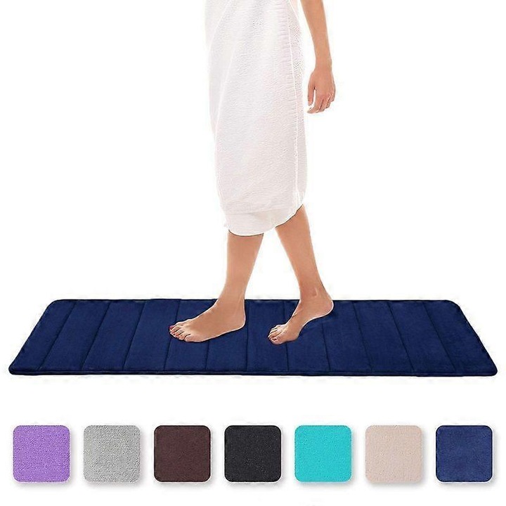 Covoras/pres de baie, spuma cu memorie, microfibra coral velur, antiderapant cu spate din latex, absorbant rapid, lavabil la masina, albastru, 40 x 120 cm