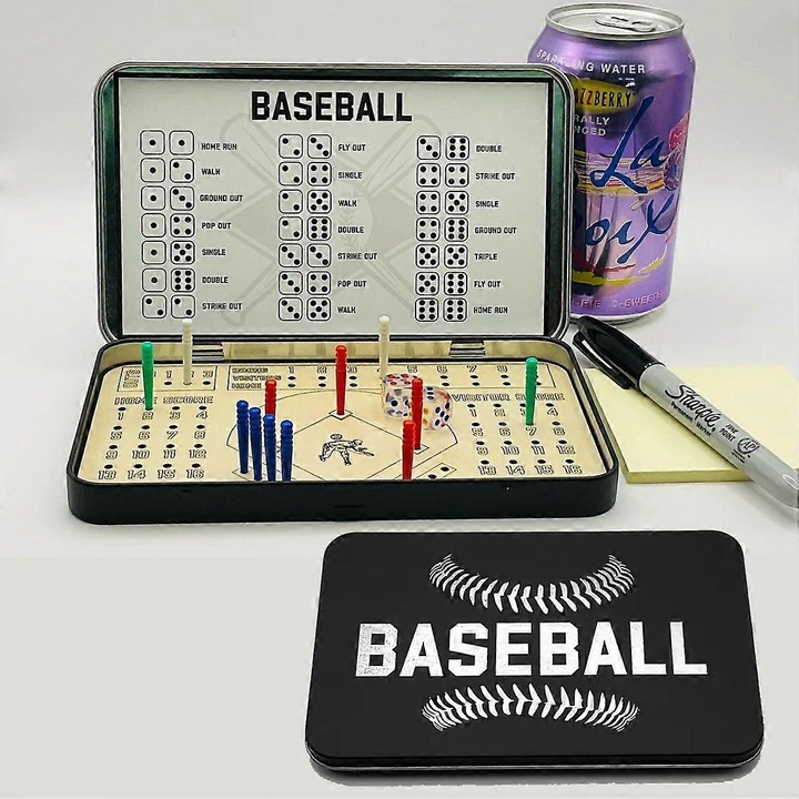 Joc de societate, de calatorie Baseball, cutie metalica portabila, tabla de joc din lemn cu stifturi si doua zaruri, Multicolor, 1 set