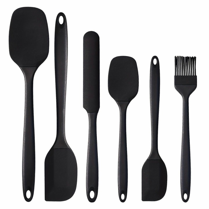 Set 6 piese, ustensile de copt din silicon alimentar, rezistente la temperaturi inalte pana la 230°C, antiaderente, flexibile, usor de curatat, design fara rosturi, Negru