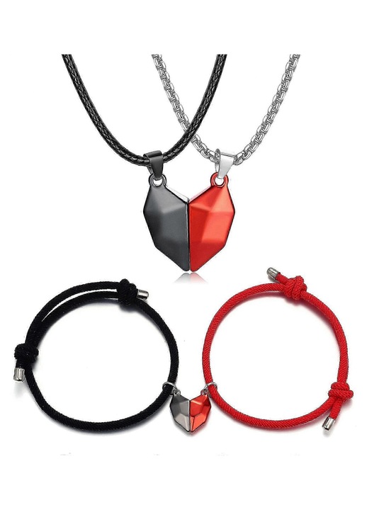 Set bijuterii cuplu colier si bratara, pandantiv magnetic, negru/rosu
