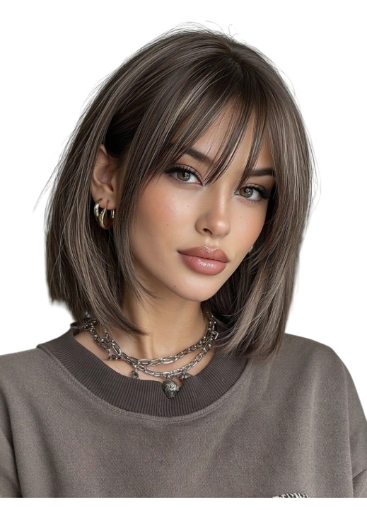 Peruca pentru femei, tunsoare Bob scurta cu breton, fibra sintetica cu aspect natural, 30 cm, maro ombre