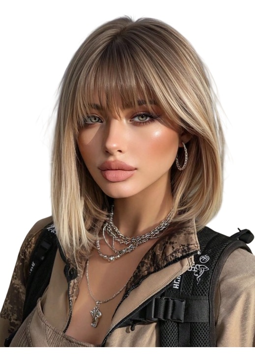 Peruca pentru femei, tunsoare Bob scurta dreapta, cu breton, fibra sintetica rezistenta la caldura, aspect natural, 30 cm, blond auriu