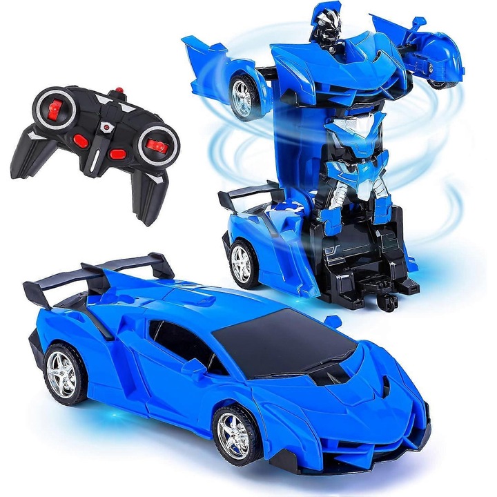 2 az 1-ben átalakítható távirányítós robotautó, tartós ABS-ből, USB-ről tölthető, LED fénnyel és hanggal, 8-13 éves gyermekeknek, kék, 1 db.