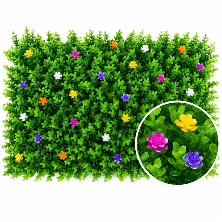 Panou decorativ din plante artificiale cu flori mici, cu gazon, NEVERMORE, Gard artificial, perete verde decor, pentru exterior/interior, 60x40cm, Multicolor