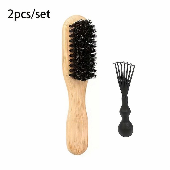 2 darabos szett, Fa szakállkefe és fésű, fekete sörték, ergonomikus fogantyú, tisztítóeszköz mellékelve, Natúr, 2 darab