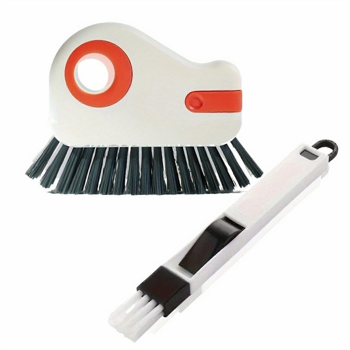 Set 2 bucati, Perii curatare sine de geam si rosturi (perie si periuta), cap detasabil pentru clatire, maner antiderapant portocaliu, corp din plastic, reutilizabil, Multicolor