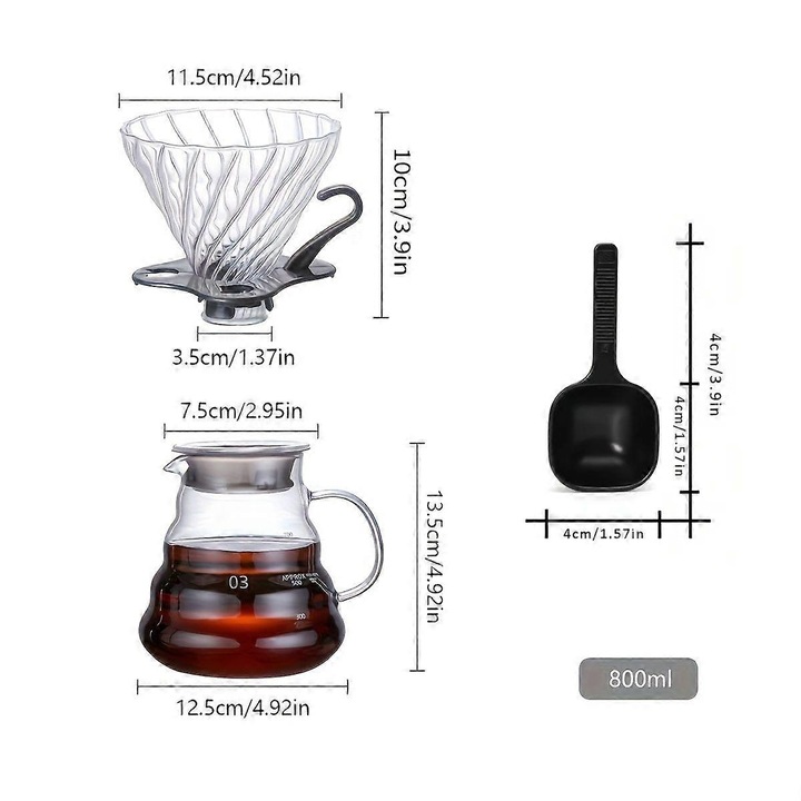 Set cafetiera pour over, sticla borosilicata, negru, 360ml/800ml