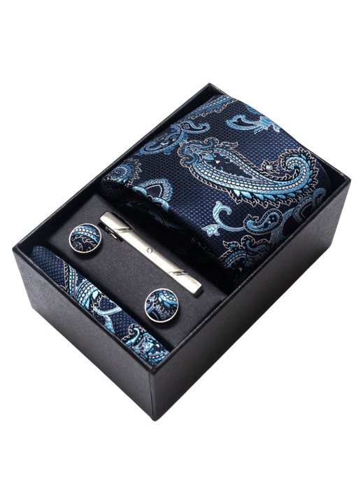 Set cravata pentru barbati, cravata bleumarin cu model floral, batista de buzunar, butoni si cutie cadou, bleumarin si bleu