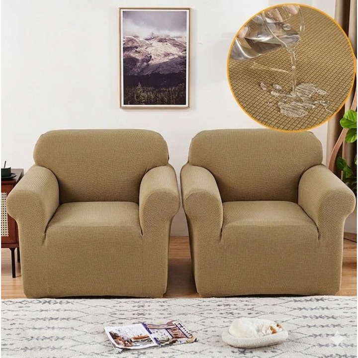 Set 2 x Huse Elastice pentru Fotolii, Material Lycra Texturat, Culoare Bej