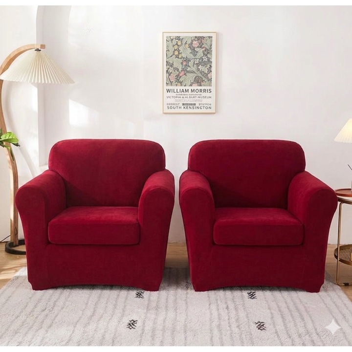 Set 2 x Huse Elastice pentru Fotolii, Material Lycra Texturat, Culoare Bordo