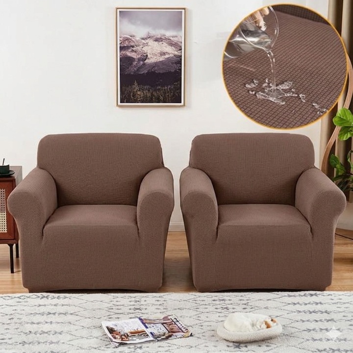 Set 2 x Huse Elastice pentru Fotolii, Material Lycra Texturat, Culoare Cafea cu lapte