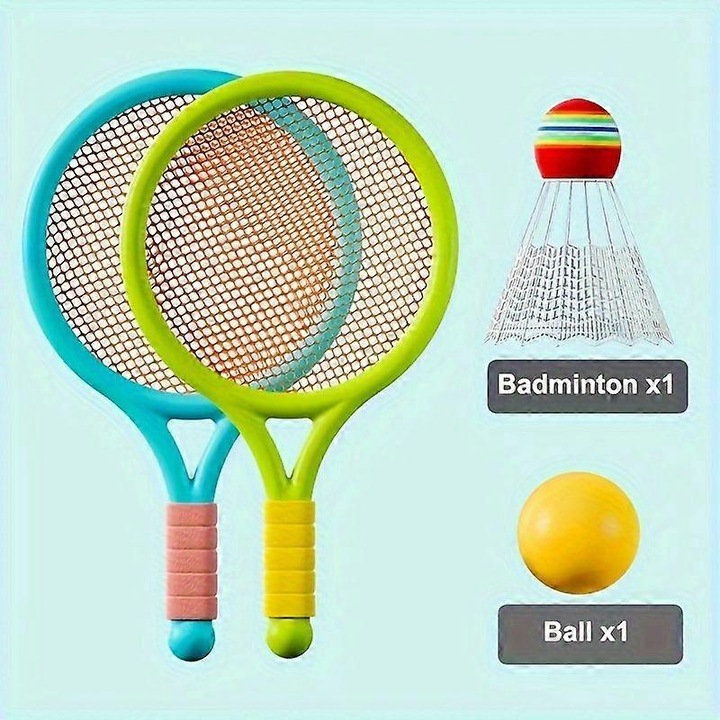 Set 2 rachete badminton pentru copii, plastic, usor, maner ergonomic, include volant si minge de antrenament, albastru-verde