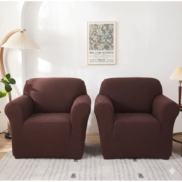 Set 2 x Huse Elastice pentru Fotolii, Material Lycra Texturat, Culoare Maro