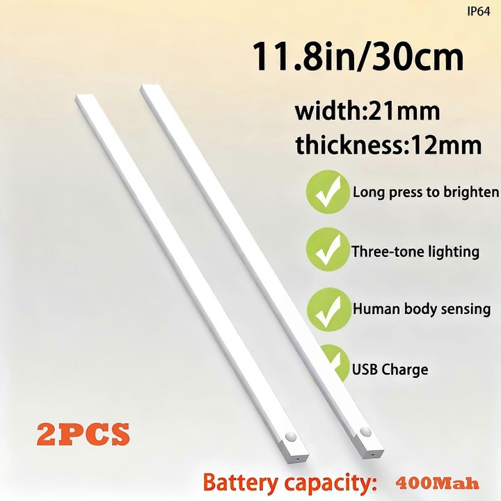 Set 2 bucati, lumina LED cu senzor de miscare, lampa reincarcabila USB, montaj magnetic, temperatura dubla alb/galben, IP64, baterie 200mAh, 30 cm