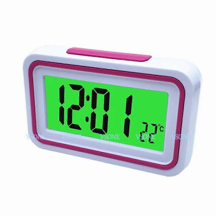 Digitális ébresztőóra, beszélő asztali óra 9905RU, orosz nyelvű hangbemondás, LCD kijelző hőmérővel, zöld háttérvilágítás, óránkénti jelentés funkció, rózsaszín, 12.5x7.5x3.5 cm, 2 db AA elemmel működik (nem tartozék)
