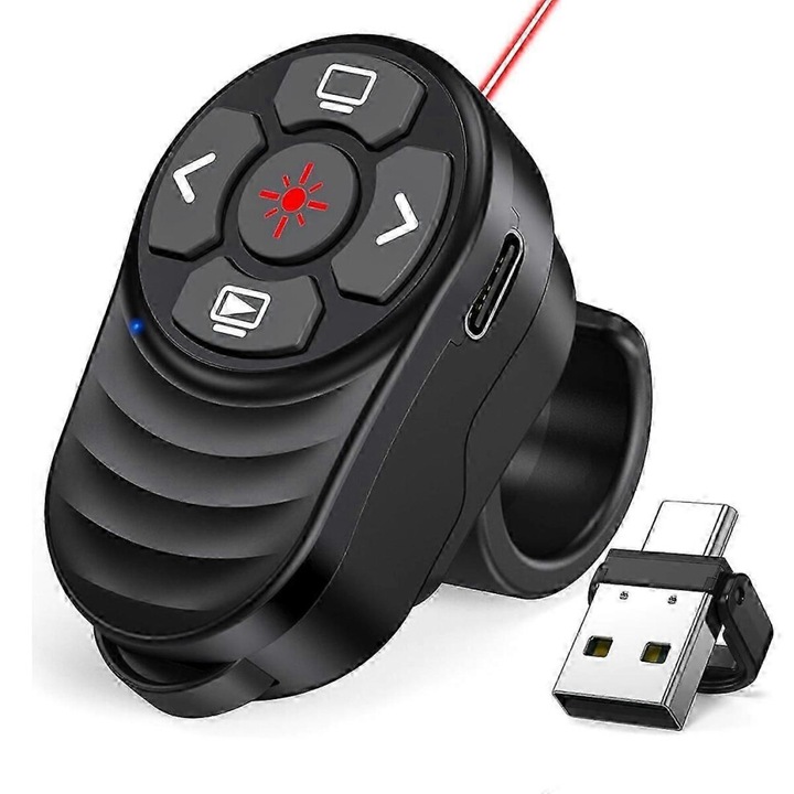 Безжично дистанционно за презентации USB-C, регулируем пръстен, черно, 10x3см