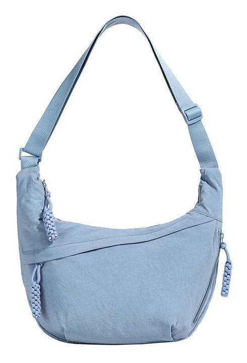 Geanta crossbody/geanta de umar din nylon, cu forma tip dumpling, cu ciucuri, fermoar si multiple buzunare, albastru deschis, 37x22x6 cm
