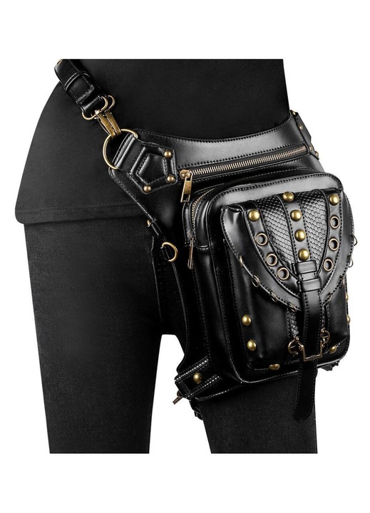 Steampunk női táska, motoros stílusú, PU bőr, szegecsek, láncok, fekete, közepes