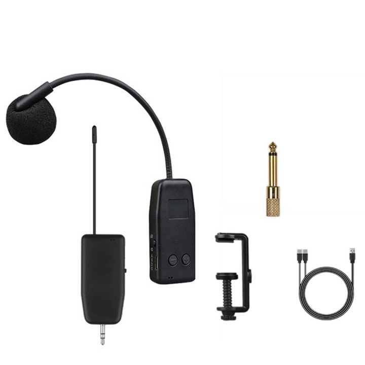 Vezeték nélküli mikrofon hangszerhez, fekete, rövid csíptető, 2.4G, 50m hatótáv