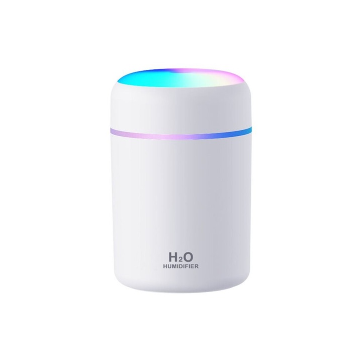 Hordozható párásító, aromaterápiás diffúzor USB tápellátással, 2 permetezési móddal (folyamatos/szakaszos), többszínű LED éjszakai fénnyel, fehér, 300ml