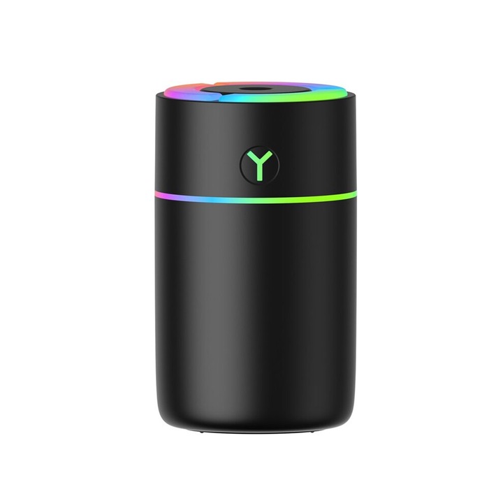 USB párásító, 230 ml-es aroma diffúzor 7 színű RGB LED-del, ultrahangos porlasztási technológia, Fekete, 1 db