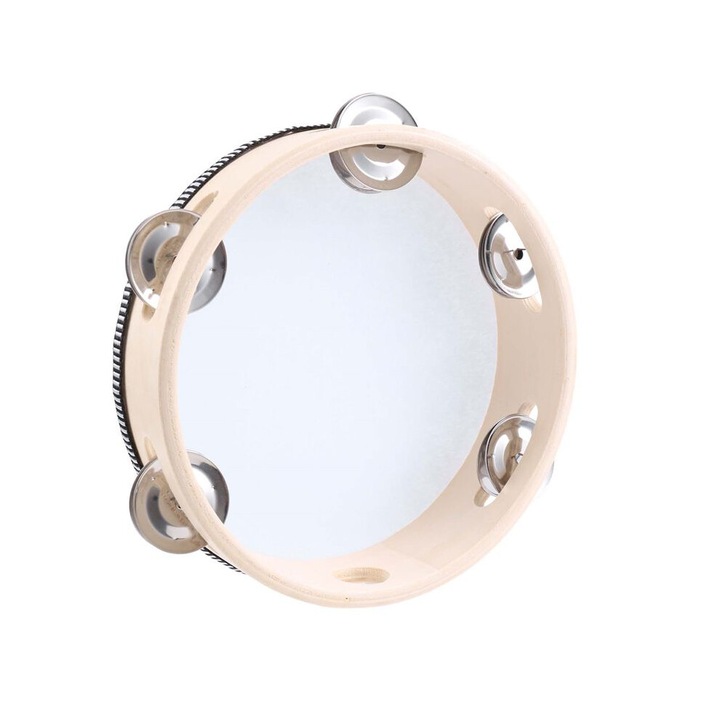 Tamburina, kézi tamburin fából és fémből, fém tárcsákkal, átmérő 17.5 cm (7 inch), fa, 1 db