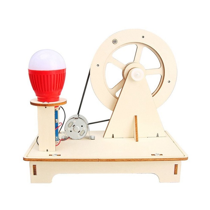 Kit generator manual DIY CJ-OB-K0204-20260904-15590, kit educational STEM din lemn cu manivela si bec LED, culoare lemn