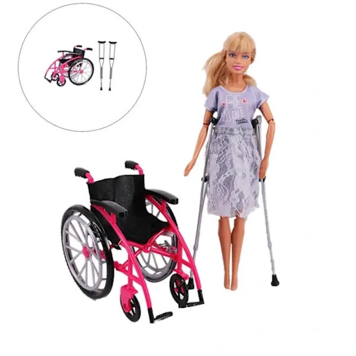 Set 3 piese, jucarie scaun cu rotile pliabil si carje pentru papusi, set de joaca educational din plastic sigur, pentru copii 3+, roz/argintiu, 1 set