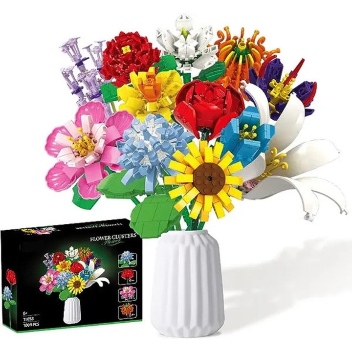Set de constructie buchet de flori, set de construit, Colectia 2023, din ABS premium, 12 flori diferite, vaza neinclusa, multicolor, 1006 piese