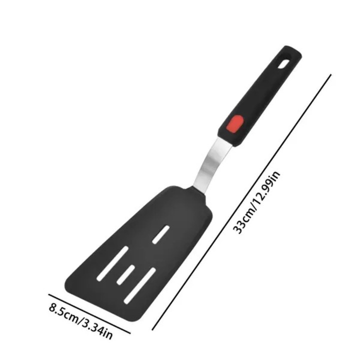 Spatula paleta pentru clatite, din silicon si otel inoxidabil, antiaderenta, cu fante, negru, 33 x 8.5 cm